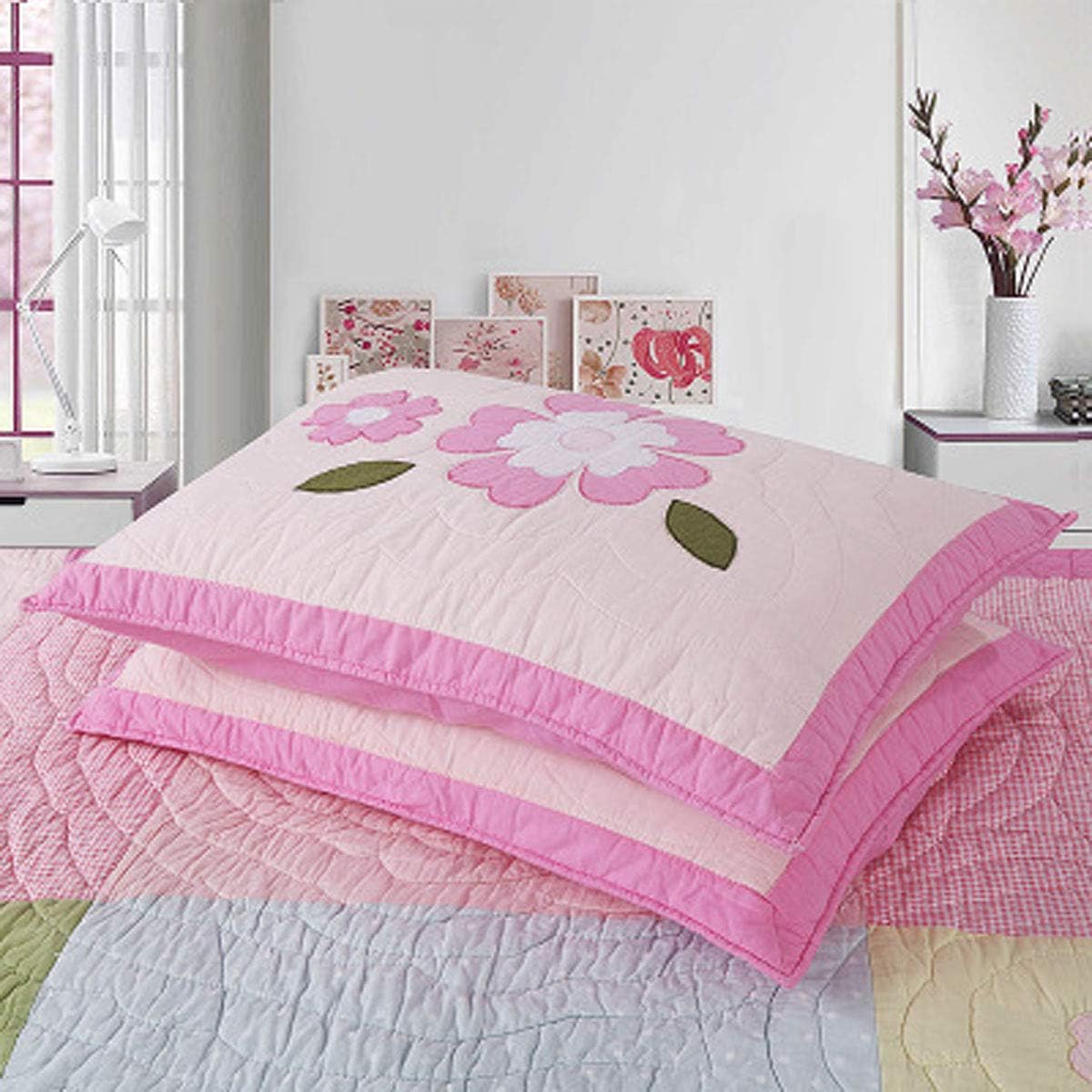 100% Cotton Floral Bedspread Set for Girls Real Patchwork Quilted Coverlet Sham Set with Embroidery Rose Flower Pink Floral Quilt Set for Girls 90 x 98 Inches Queen Size Kids Gift Idea
