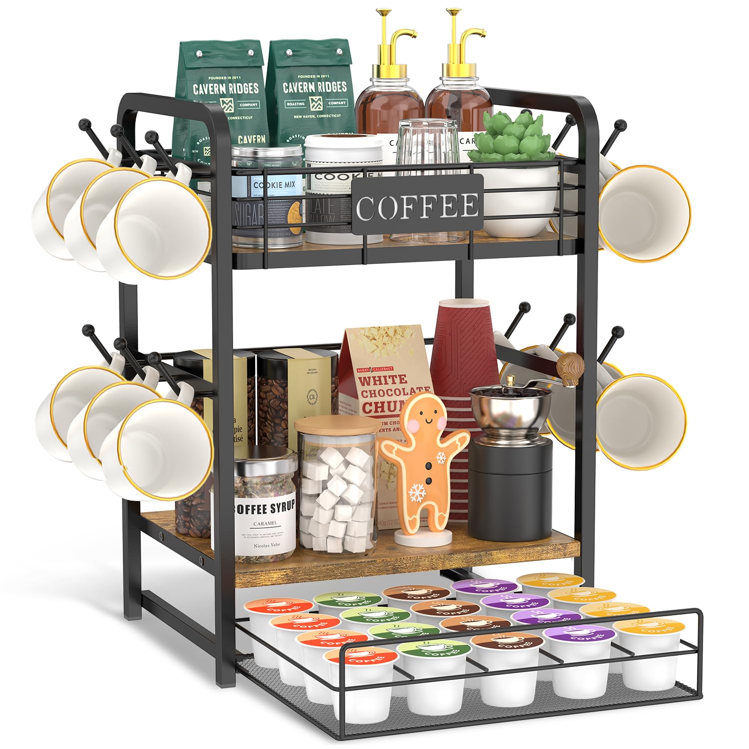 EsLuker.ly Coffee Bar Organizer Station Shelf Mug Holder, with 12 Hooks
