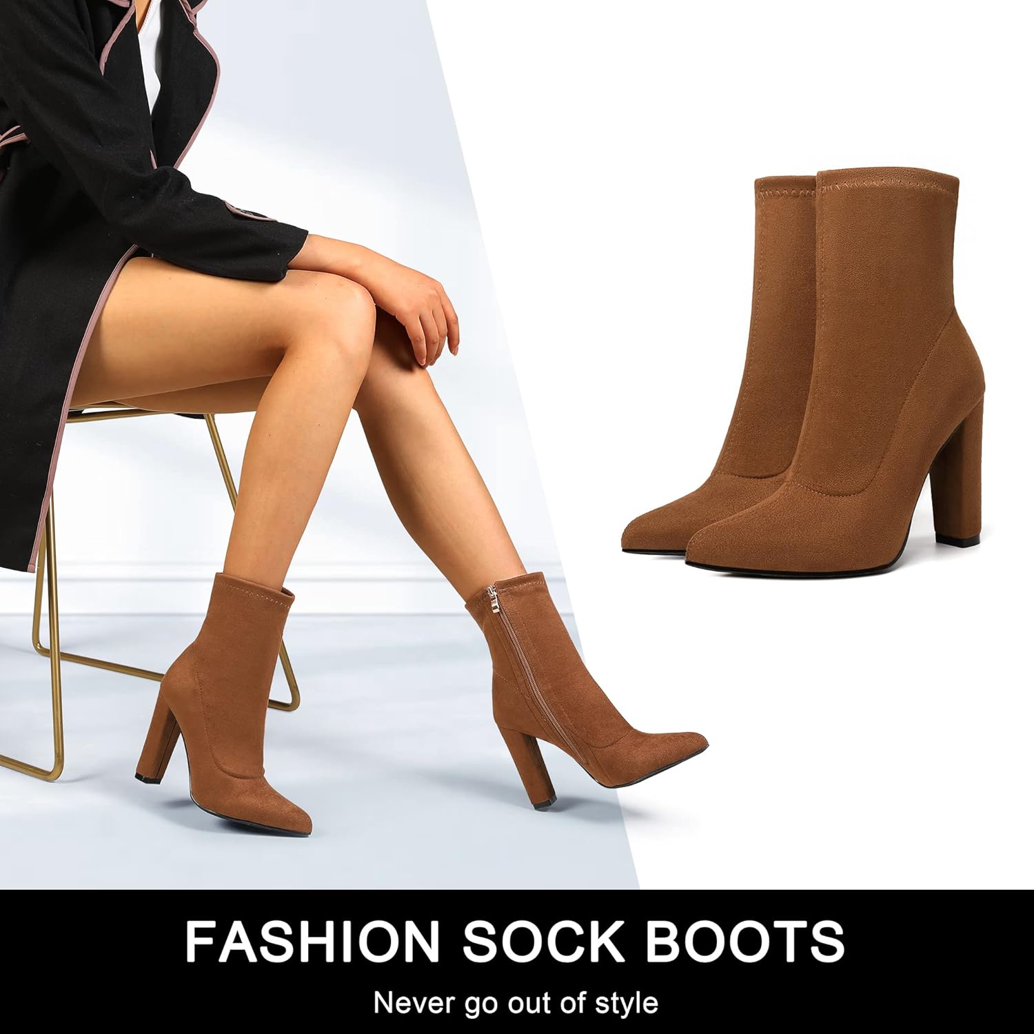 Brown Booties for Women Sock Boots Ankle Booties Heeled Boots High Heel Sexy Dress Boots Fall Winter Mid Calf Boots Suede Pointed Toe Boots for Party Casual - Image 6
