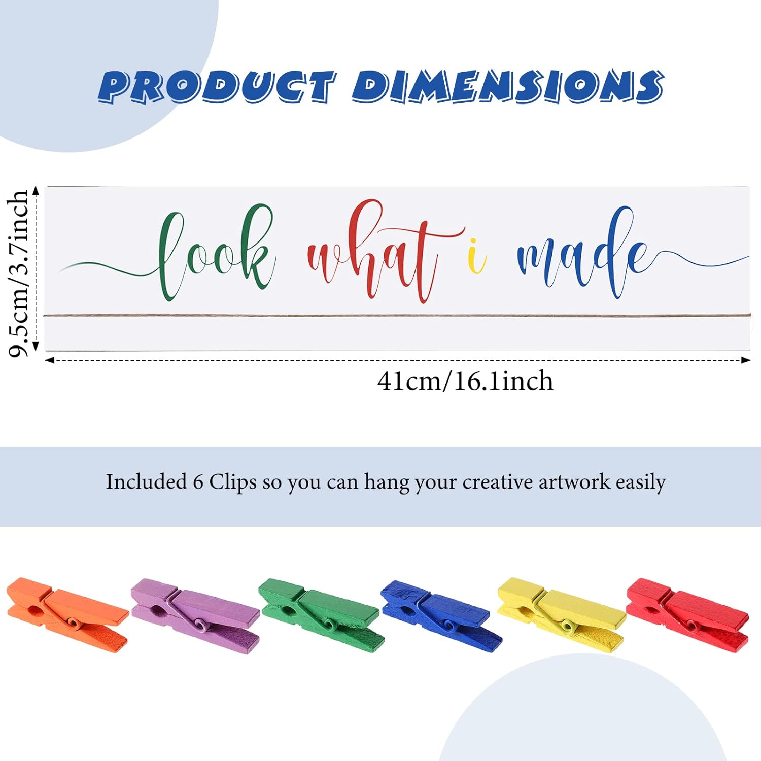 Sawysine Look What I Made Sign with Clips Artwork Display Signs for Wall Hanging Artwork Frames Changeable Art Display Frame Wood Playroom Sign Nursery Wall Decor(White)