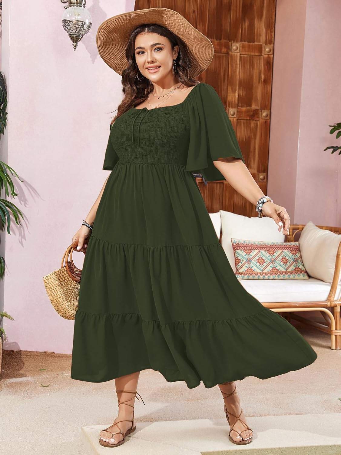 SCOMCHIC Women's Plus Size Flowy Maxi Dress Flutter Short Sleeve Boho Dress Square Neck Smocked Formal Dresses for Women - Image 3