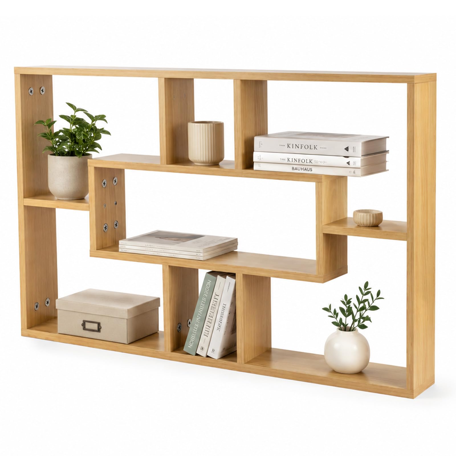 evergoods Floating Wall Shelves Multi Compartment Storage, oak-colored