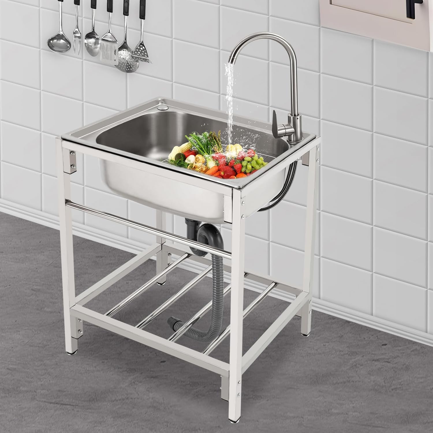 Stainless Steel Single Basin Kitchen Sink with Stand, Utility Sink Home Simple Laundry Sink w/Faucet, Freestanding Vanity Multipurpose Sink, Commercial Sink for Laundry/Backyard/Garage