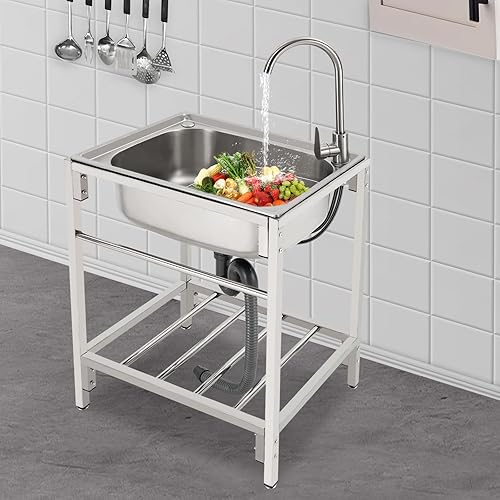 Vista 4 de Fregadero de cocina de acero inoxidable con soporte, fregadero de lavandería simple para el hogar con grifo, lavabo multiusos independiente