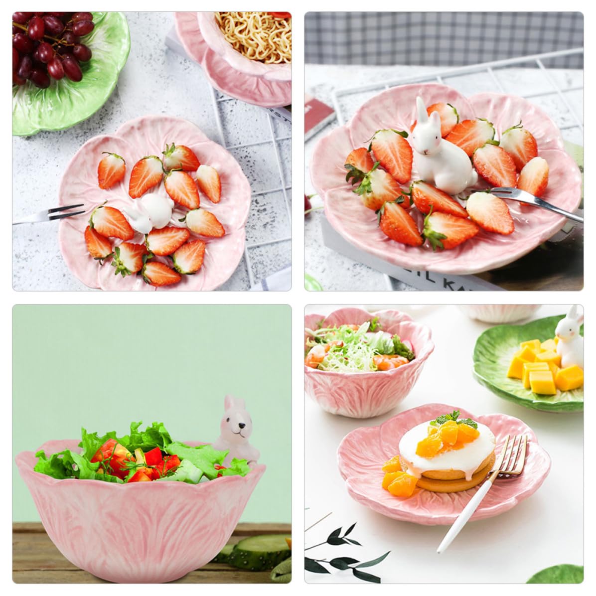 Juego de 2 Tazones de Cerámica Rosa con Estatua de Conejo y Forma de Repollo, Cuencos Elegantes para Desayuno y Reuniones Casuales Diarias