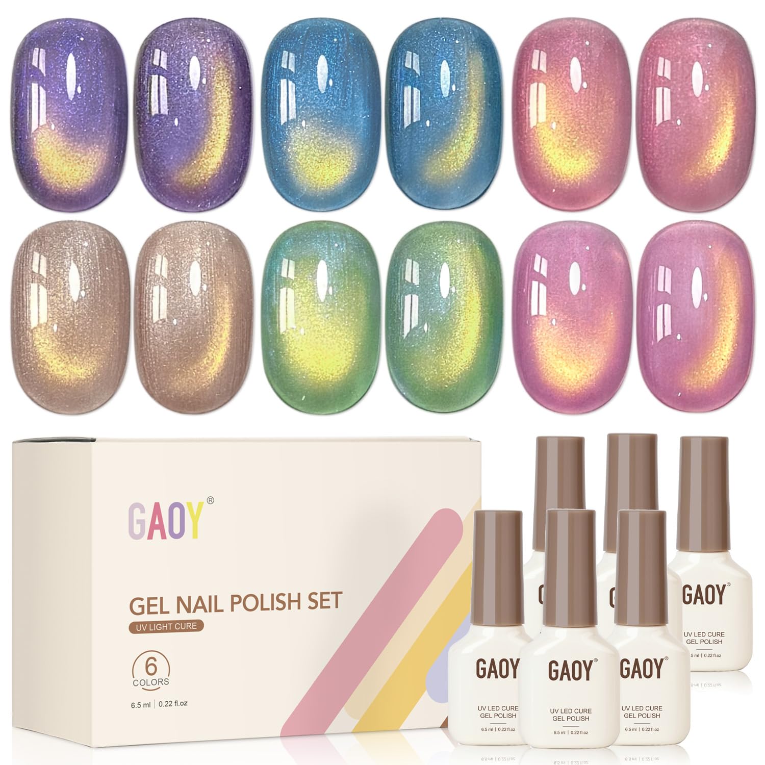 GAOY Cat Eye Gel Nail Polish Kit with Magnet, 6 Colors, Cosmic Light Year