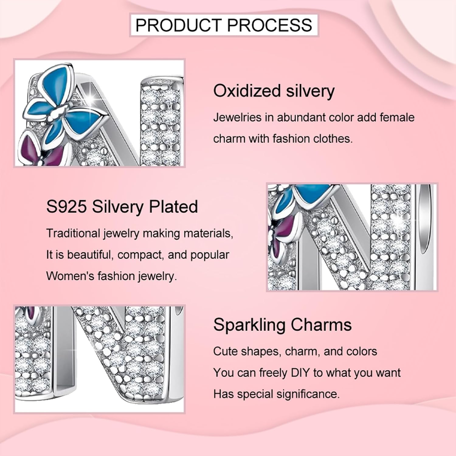 Butterfly-Letter Initial-Alphabet Bead Charms - S925 Sterling Silver A~Z Letters Charms with Cubic Zircon Stones, Butterfly Alphabet Beads fit Pandora Bracelets Valentines Gifts for Wife/Girlfriend Women - Image 5