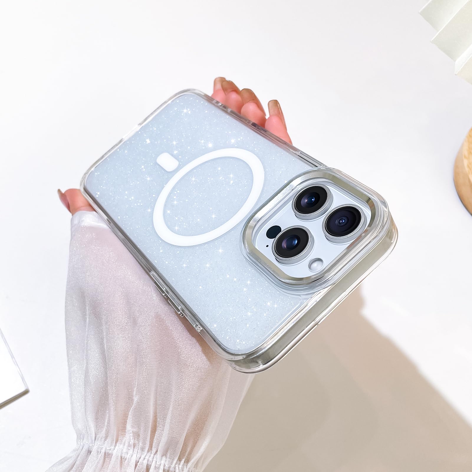 SAKUULO Funda magnética para iPhone 14 Pro MAX Compatible con Magsafe, Brillante con Cristal Iridiscente láser Brillante, a Prueba de Golpes, Funda Protectora para Mujeres y Hombres, Color Blanco