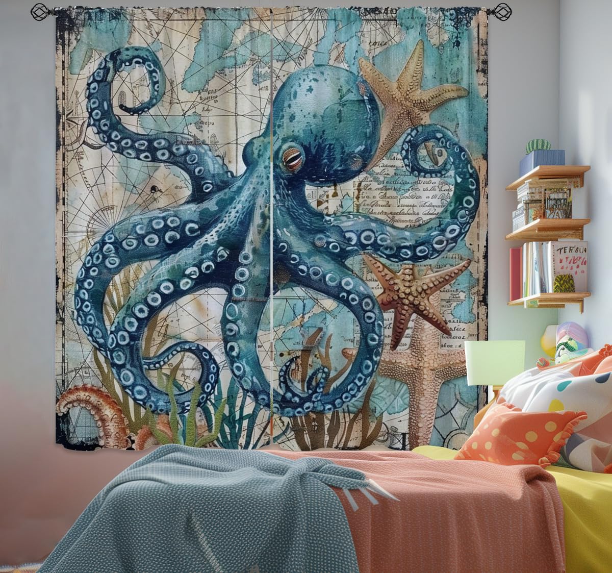 Octopus Blackout Curtains for Girls Boys Teens Home Decor, Nautical Map Ocean Animal Starfish Beach Rod Pocket Thermal Insulated Drapes Darkening Window Curtain for Bedroom Living Room, 42 x 45 Inch