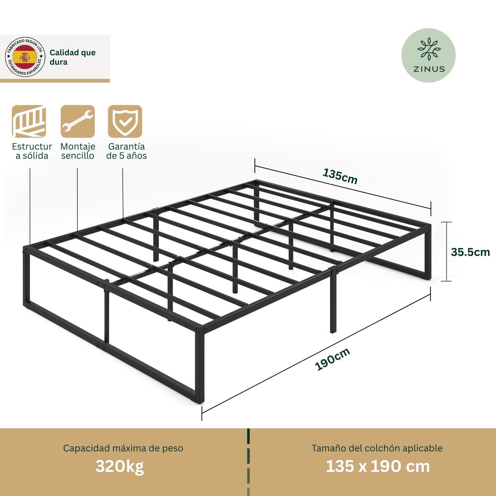 Zinus Lorelai Somier 135x190 cm - Altura 36 cm - Base Cama Matrimonio en Acero - Láminas de Metal - Montaje Fácil- Espacio de Almacenamiento - Negro