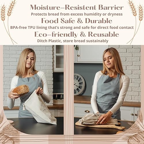 Miniatura 4 de Simply H&K Bolsas de pan reutilizables de lino para pan casero Paquete de 3  12 x 15 pulgadas  con forro interior  Bolsas de masa madre, regalos