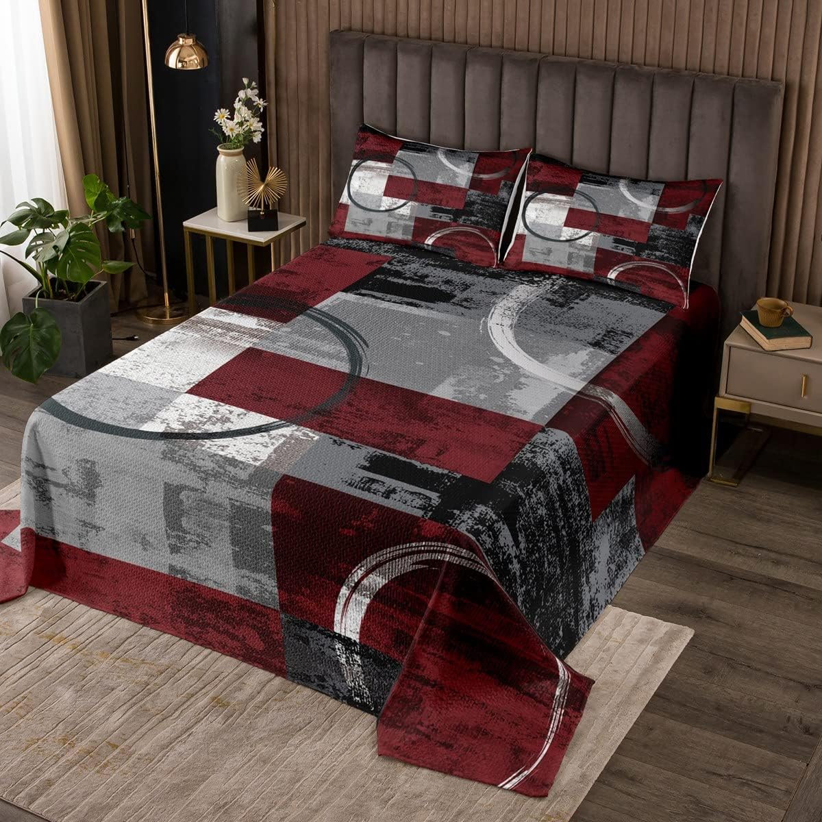 Erosebridal Vintage Ombre Art Quilted Abstract Retro Flowers Coverlet Set,Graffiti Bedspread Geometric Square Rectangle Quilt Set King,Pastiche Contemporary Floral Patchwork Room Decor,Purple Grey