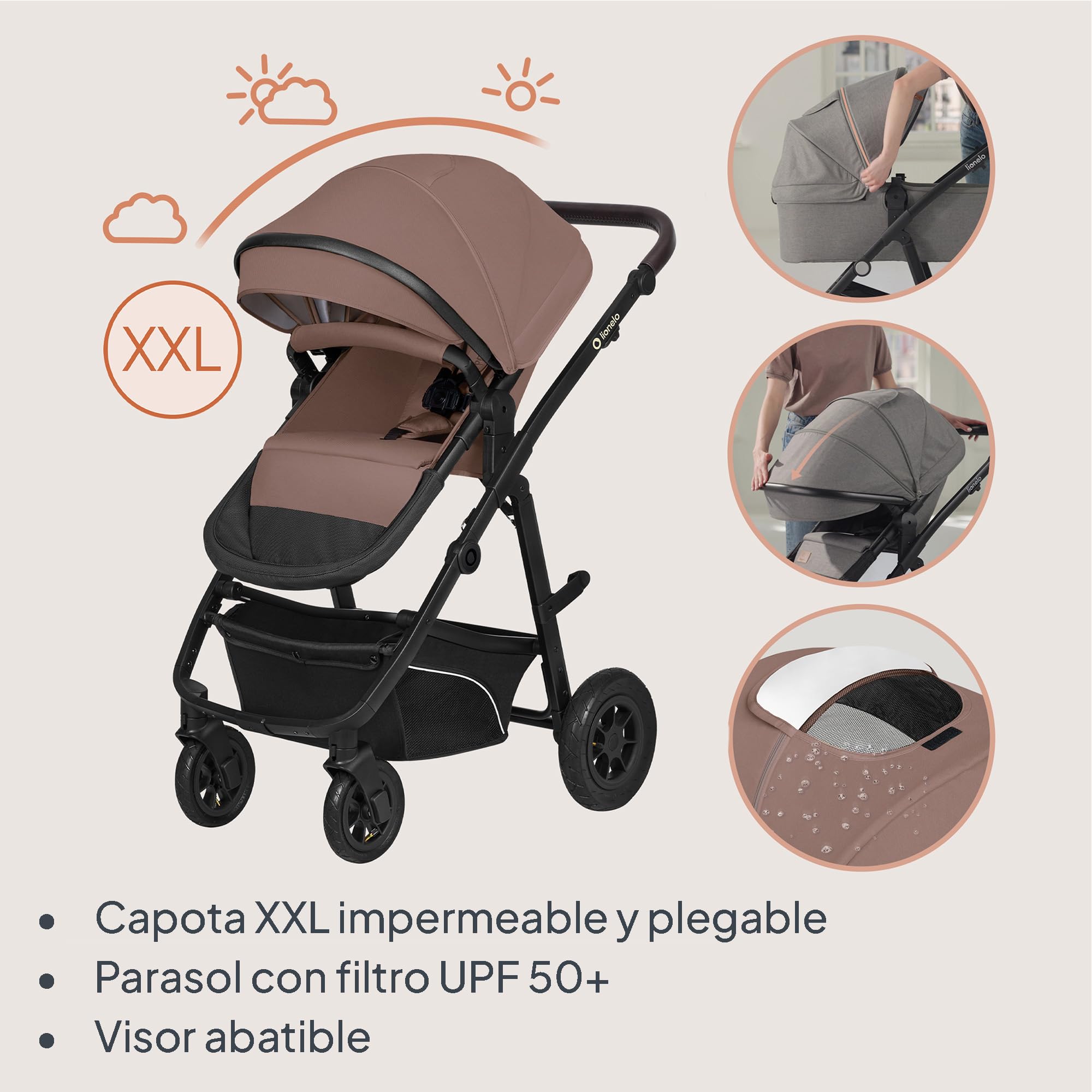 LIONELO BIANKA Cochecito de Bebé 3 en 1 (22 kg) Portabebés (9 kg) Silla de Coche (13 kg), Plegable, Sistema de Viaje Respaldo Ajustable Ruedas 360o Amortiguación, Capota XXL, Carrito de Bebe