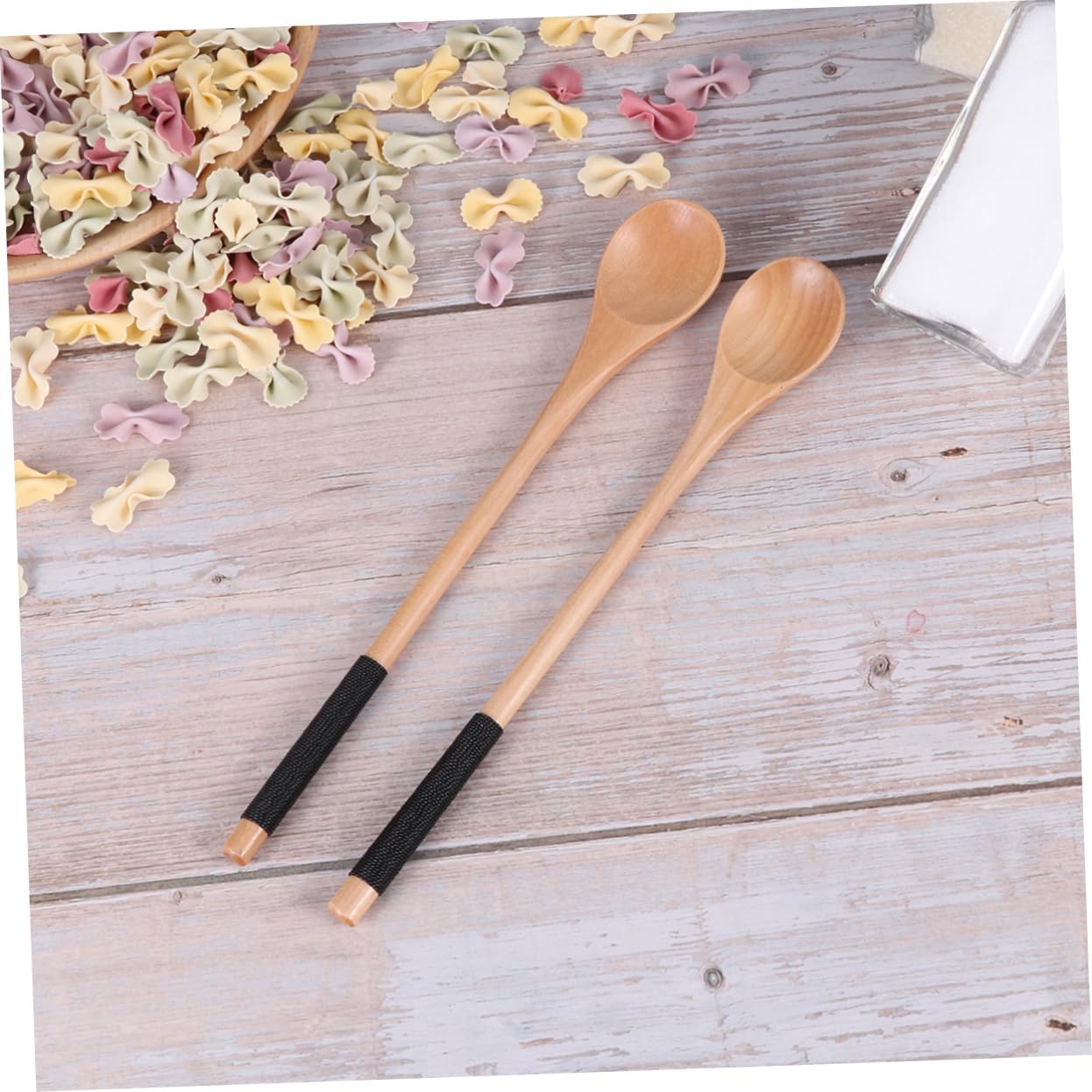 5pcs Wooden Honey Stirring Spoons with Long Handles Natural Color Black Thread Safe for Dessert Salad Rice and Soups