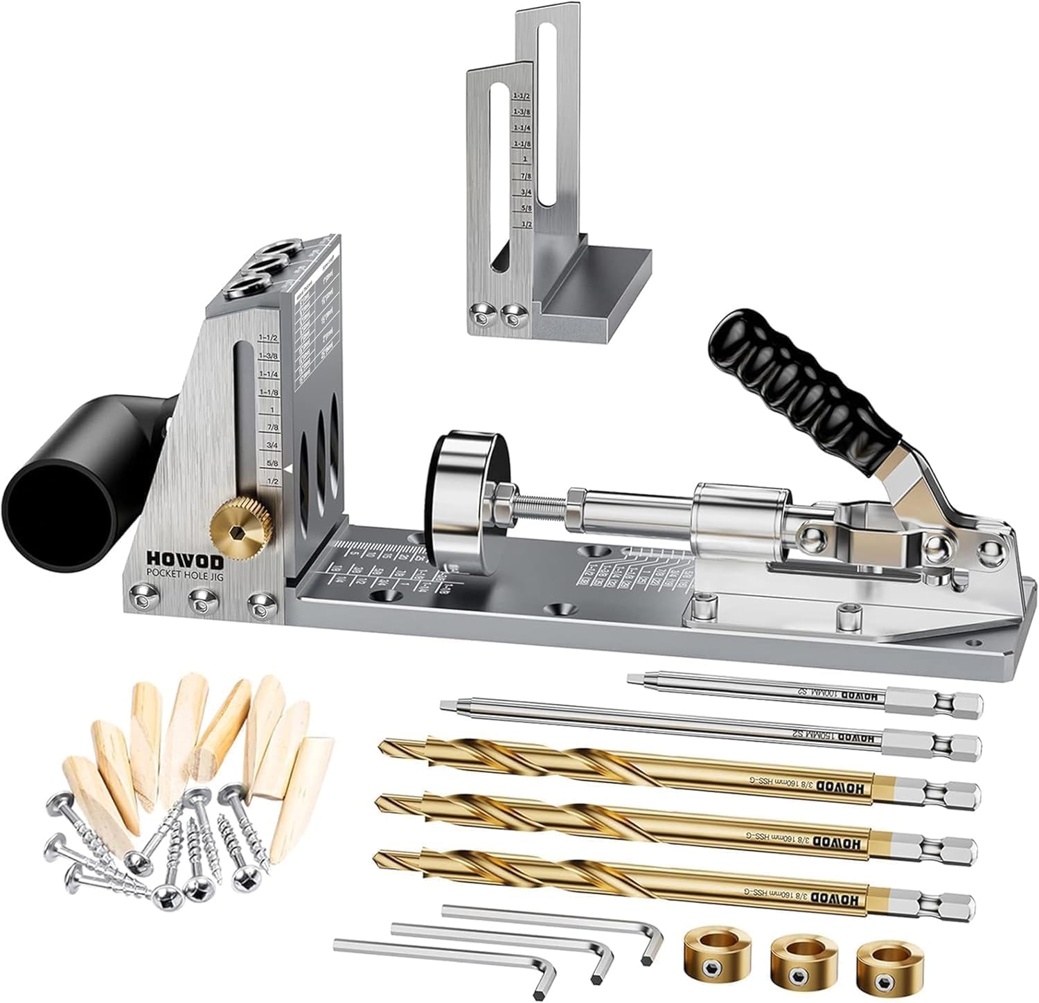 Pocket Hole Jig Kit, Professional Metal Pocket Screw Jig System | Detachable Vacuum Adapter, Sharp and Durable 3-Pack 3/8" Titanium Drill Bits , Fits 1/2" to 3-1/8"