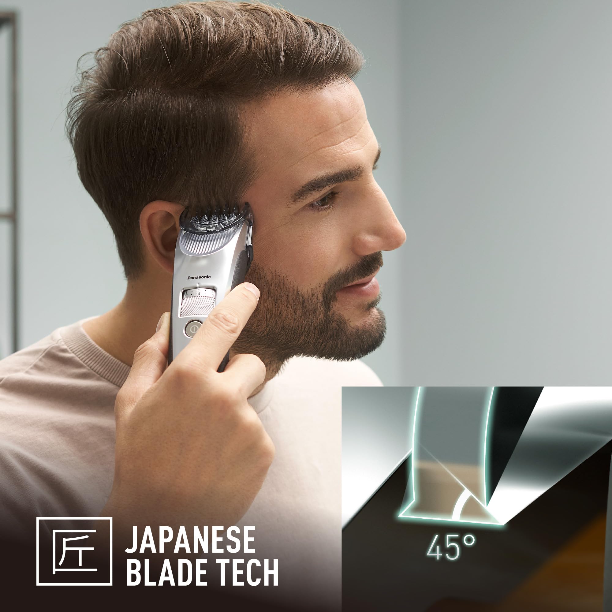 Panasonic ER-SC60-S803 Tondeuse à Cheveux pour Hommes, Portable Sans Fil et Étanche, Lames Supérieures, 20 Longueurs Réglables, 2 Accessoires, Avec ou Sans Fil, Socle de Chargement, Argenté