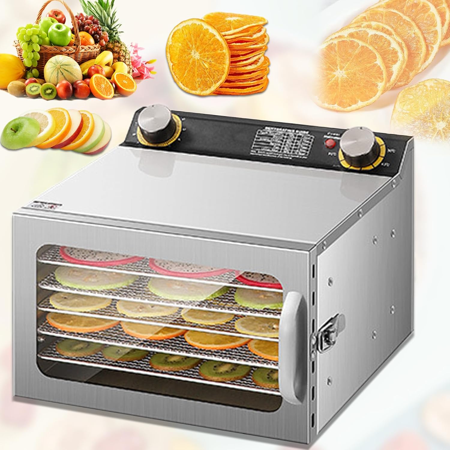 Food Dehydrator Machine,Fruit&Meat Dryer with 8 Layers,40-90℃ Temperature Control & 0-12H Timing,360° Fan Blade & Even Drying,Suitable for Jerky,Fruits,Vegetables&Yogurt (6-layer side door version)