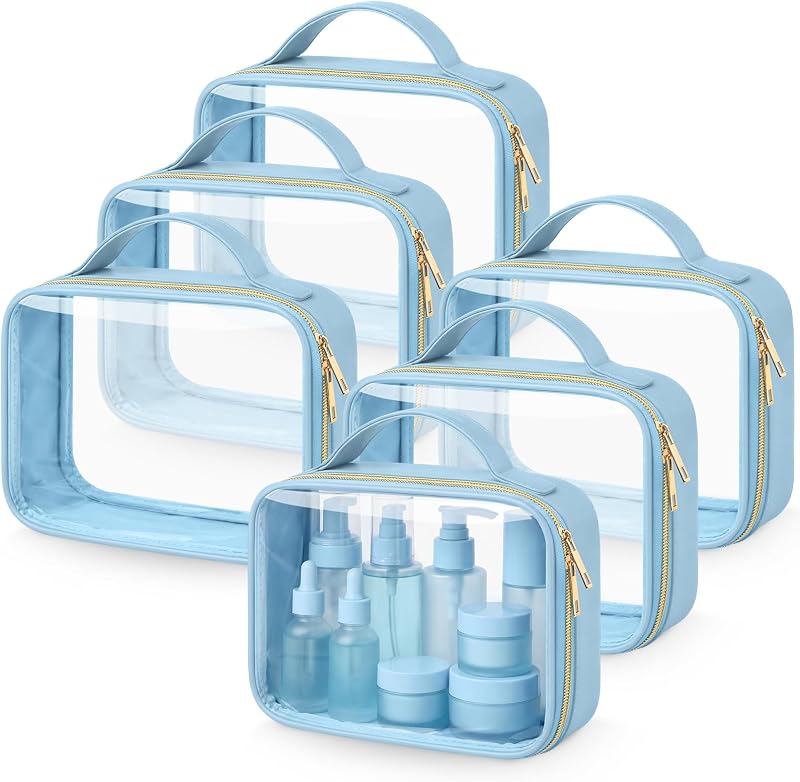Necessaires transparentes Abbylike em PU e PVC, com zíper e alças, azul, pacote com 6