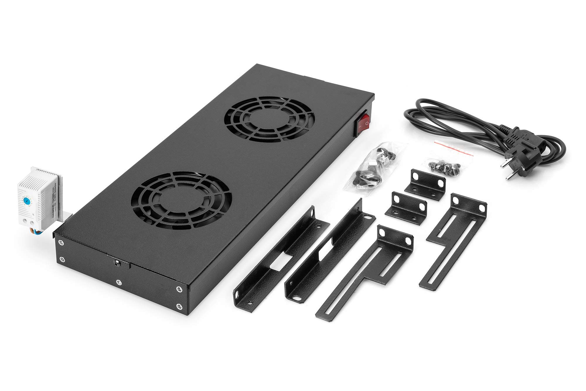 DIGITUS Unité de ventilation 19" 1U - Montage en rack ou sur toit - Pour armoires VarioFLEX - 2x Ventilateurs - Thermostat - Noir | Thermostat - Débit d'air 4,6 m³ par minute - Montage variable sur les rails profilés 19" - Noir
