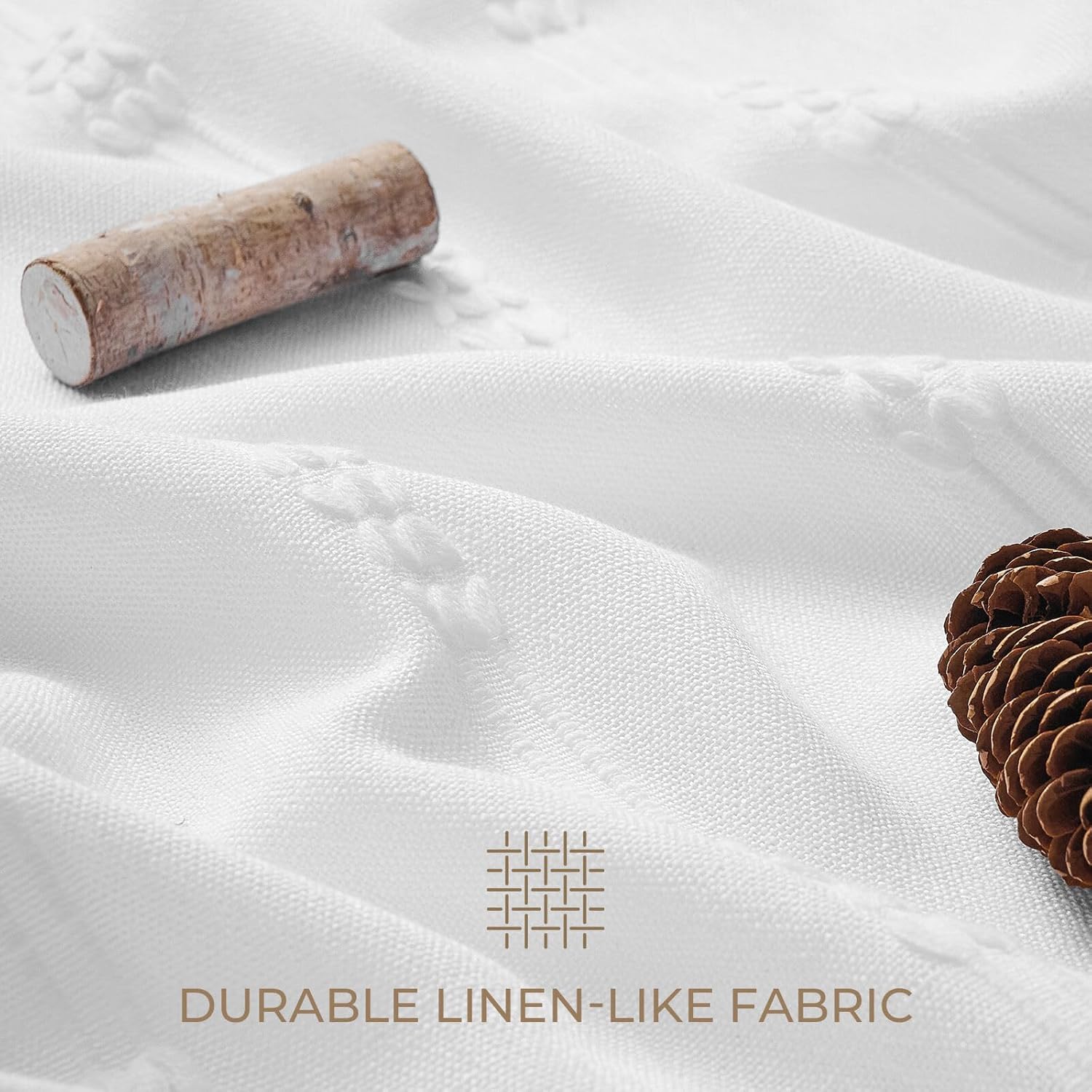 downluxe Linen Texture 3 in 1 Farmhouse Shower Curtain Set with Tassel, Boho Fabric Shower Curtains for Bathroom, White, 36W x 72L
