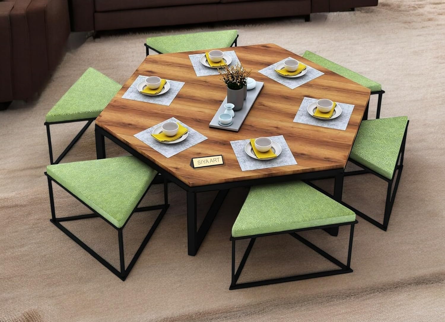 SIYA ART Hexagon Wooden Top Iron Frame Coffee Table with 6