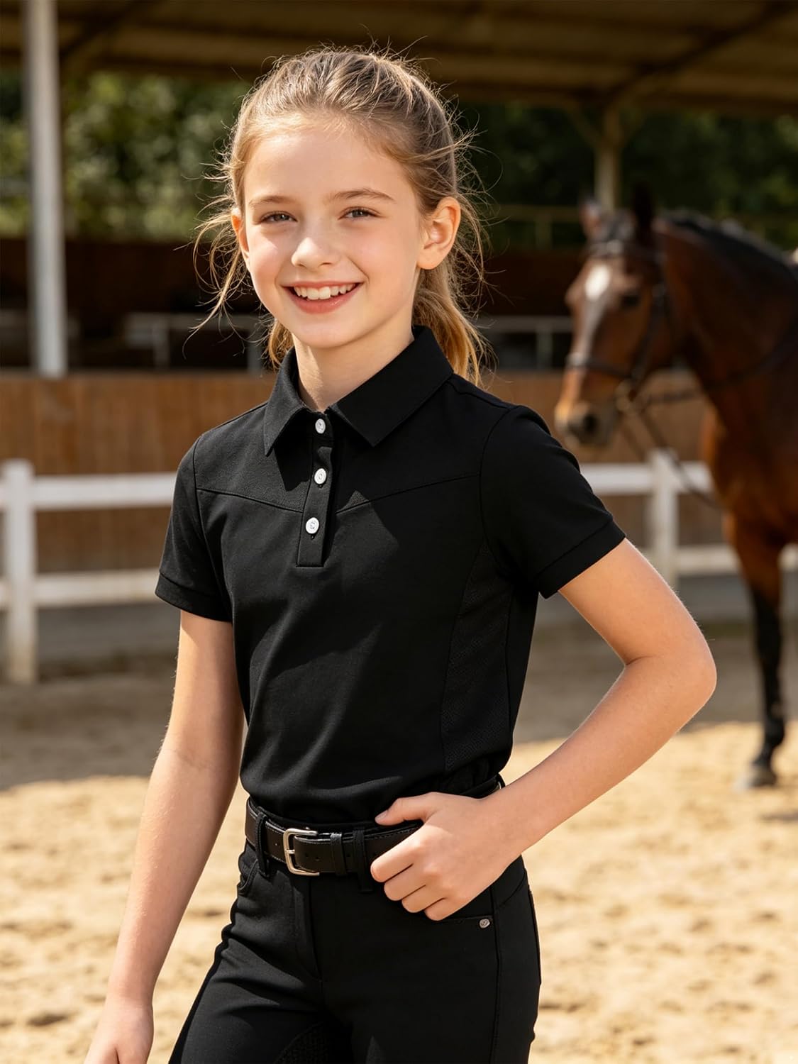Linjinx Girls Quick Dry Show Shirt Breathable Equestrian Apparel Short Sleeve T-Shirt Half Zip Riding Top