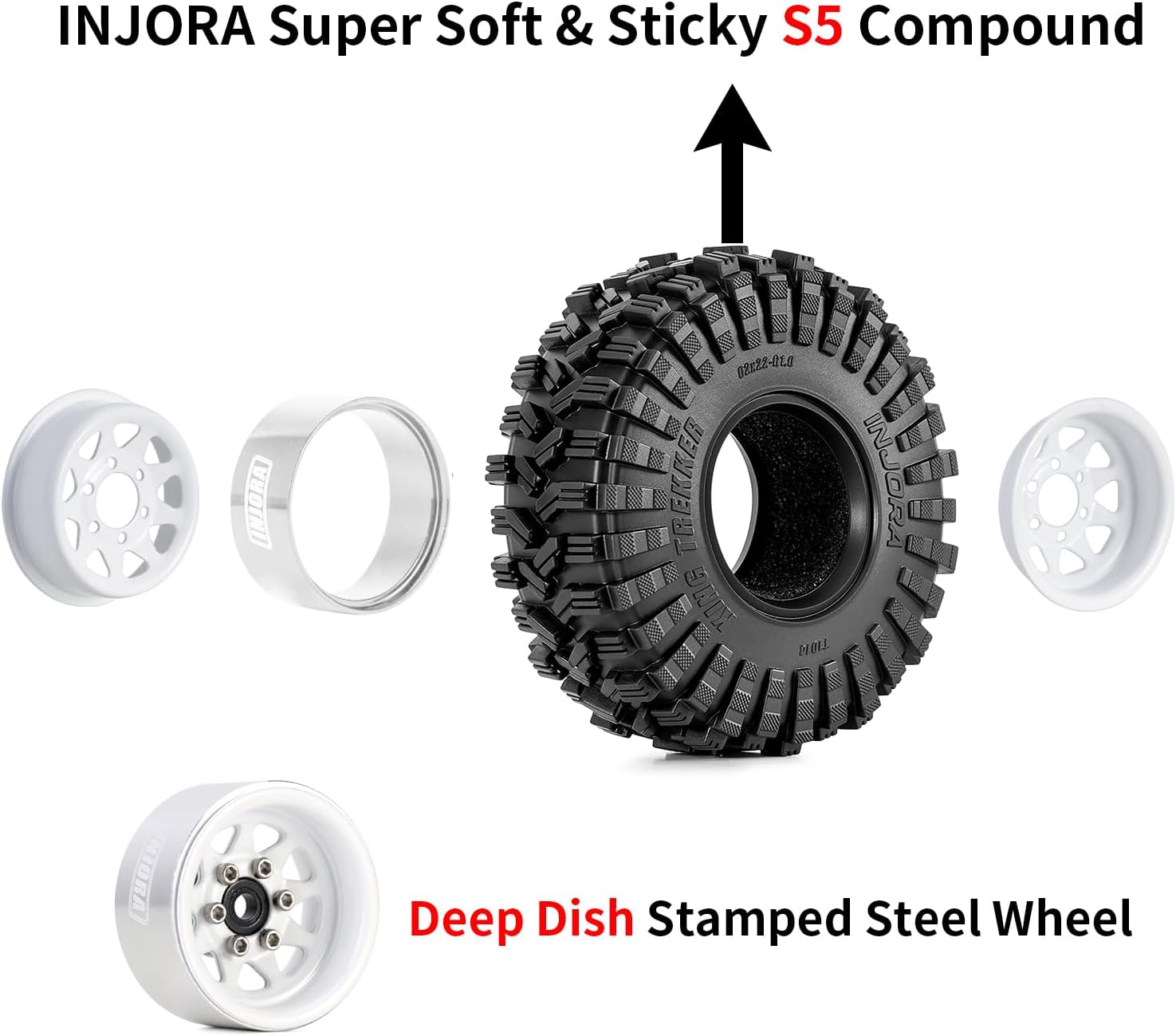 INJORA 1.0 Beadlock Wheel Tires Set -3.78mm Offset Wheel Rims for 1/18 1/24 RC Crawler Car Axial AX24 SCX24 FMS FCX24 TRX4M,White(W1004-T1014)