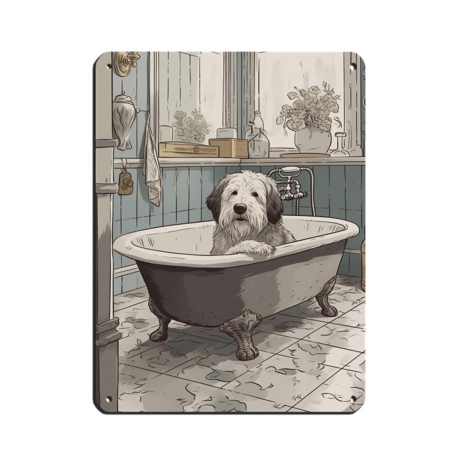 Old English Sheepdog in Bath, Bathroom Art Tin Sign Vintage Metal Pub Club Cafe Bar Home Wall Art Decoration Poster Retro 12x16inch(30x40cm)