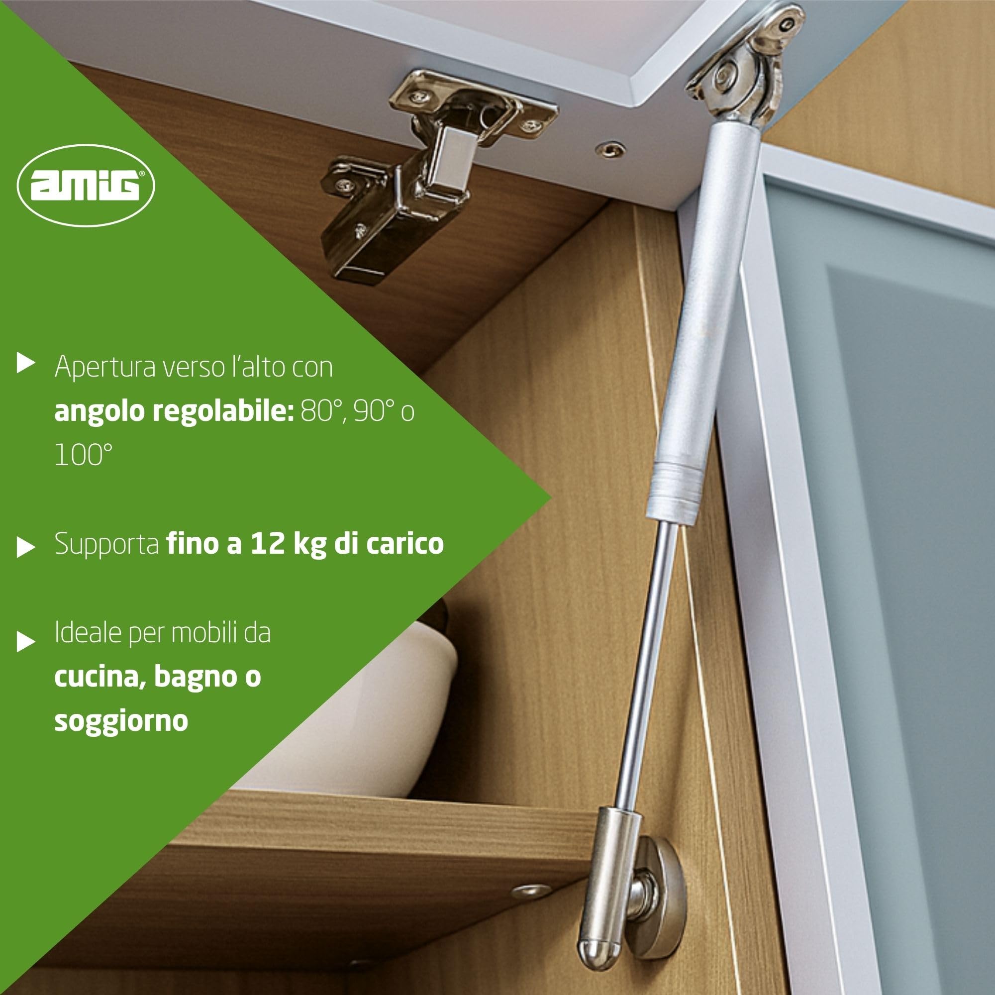 Amig - Bussola a gas per sollevare porte apribili - Mod.98 - Resistenza di carico: 12 kg - Ammortizzatore regolabile per apertura verso l'alto senza impatto - Argento