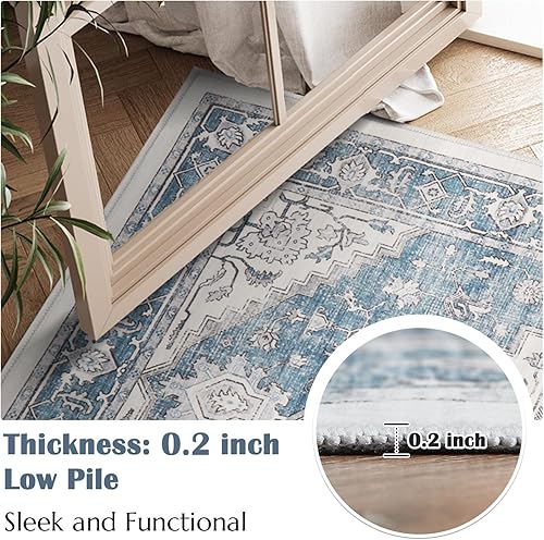 Vista 4 de jinchan Alfombra lavable de 8 x 10 pies, diseño tribal de pelo bajo, resistente a las manchas, alfombra bohemia envejecida, alfombra suave de lana