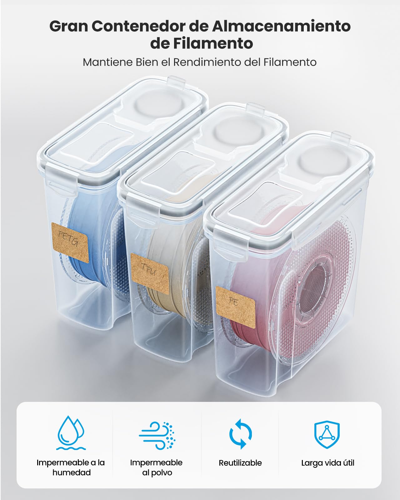 YOOPAI Caja de almacenamiento de filamentos, paquete de 5 recipientes de filamento para sellado y protección de impresión 3D, caja de almacenamiento portátil con desecantes y etiqueta para el hogar y
