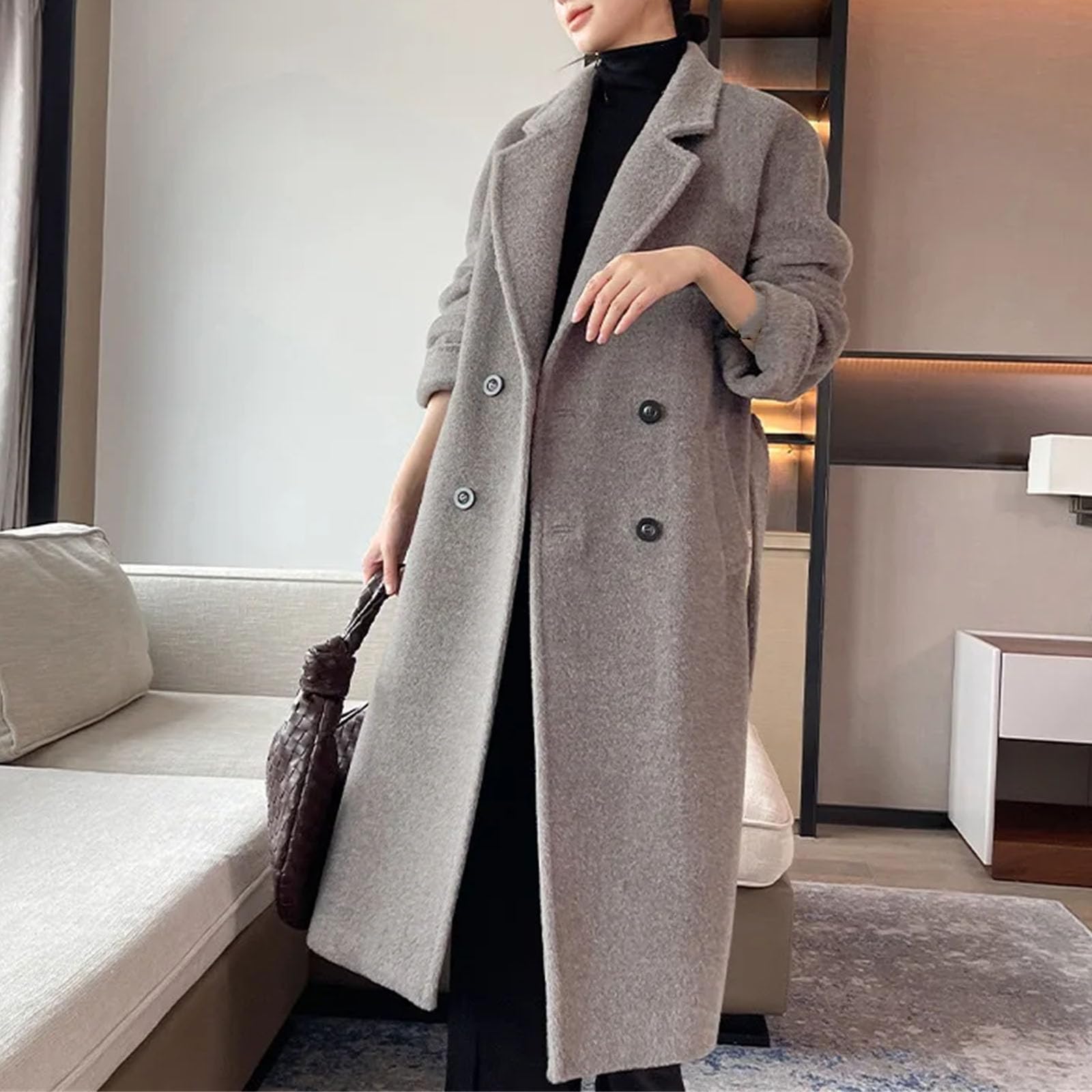 Cappotto di alpaca da donna lungo grigio cappotto per il tempo libero femminile nero ispessito allentato tipo dritto top doppiopetto con fodera