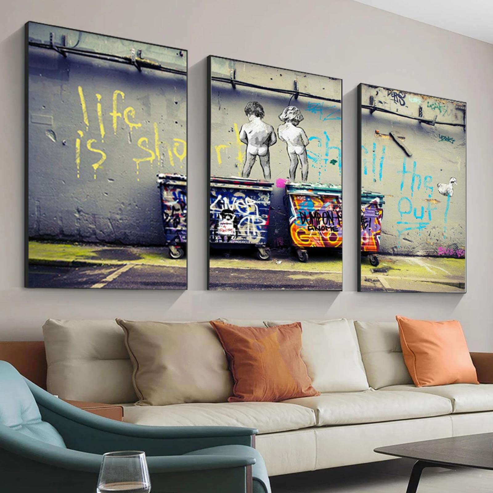 Lienzo pintado Banksy Street Art "Life Is Short Chill, Ducks Fly", carteles e imágenes impresas de graffiti en la pared, decoración del hogar, 70 x 90 cm (28 x 35in) x3, marco interior