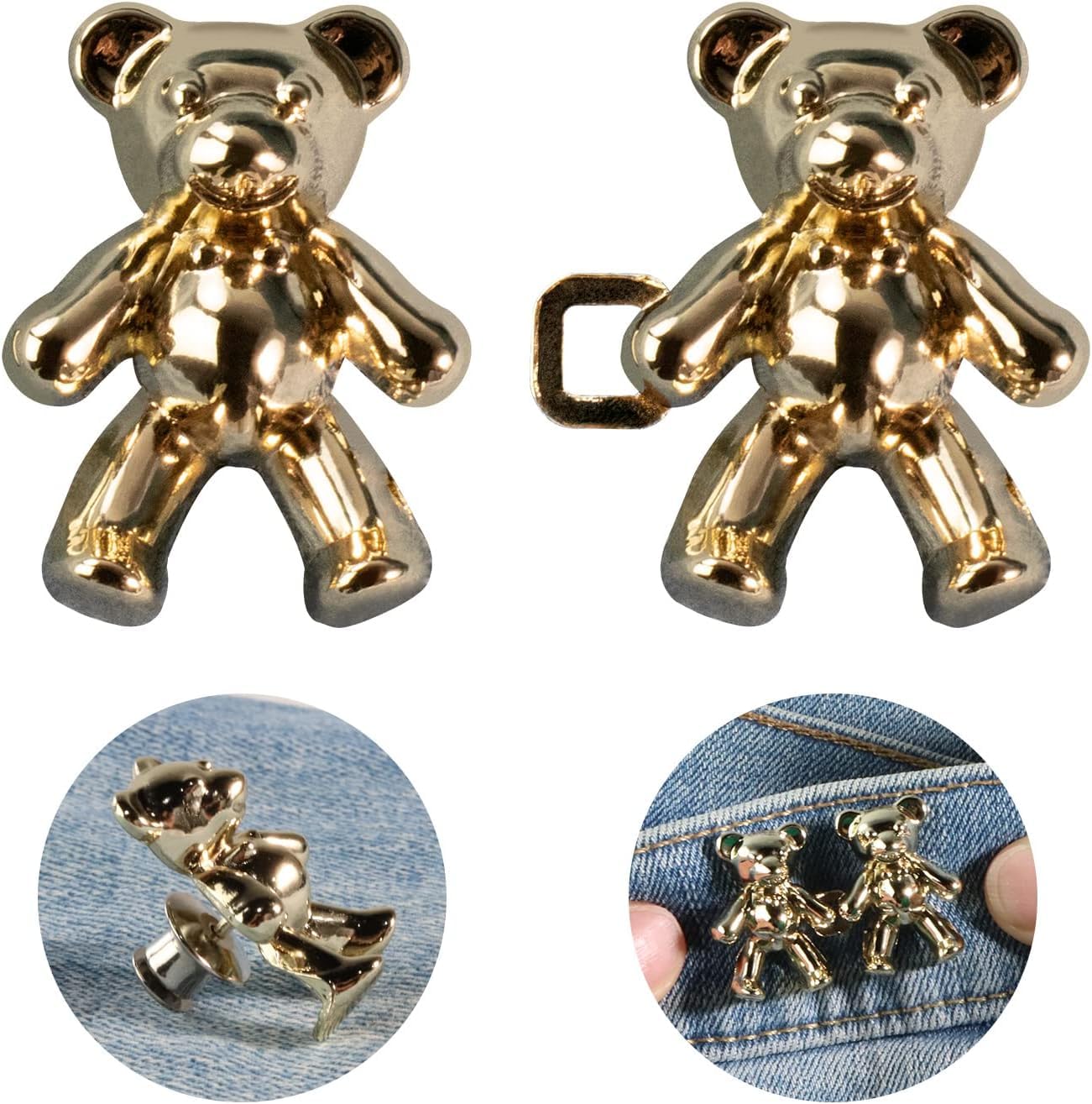 Cute Teddy Bear Jeans Button Pins No Sew Detachable Waist Body Fit Tighten Buckles Perfect Gifts for Women Girls Skirt Pant Jeans Metal 2pcs (Toy Gold Button)