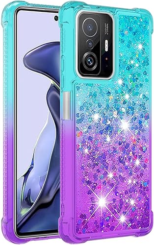 Funda para Xiaomi Mi 11T Pro con protector de pantalla de vidrio templado Quicksand Liquid Transparent Glitter Bling Tough Silicone Bumper Crystal disponible en Yaxa El Salvador