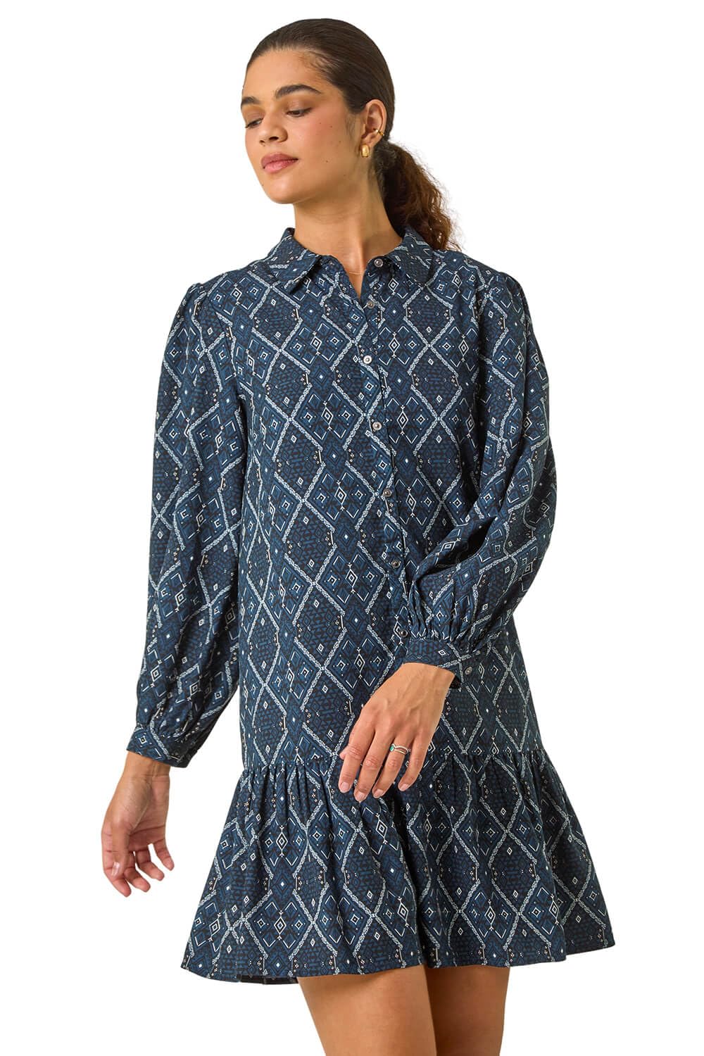 Roman Originals Women's Teal Multi Shirt Dress For Uk- Long Sleeve Belted Collared Midi Maxi Winter Autumn Smart Casual Button Through Evening Office A Line Swing Skater - Size 16