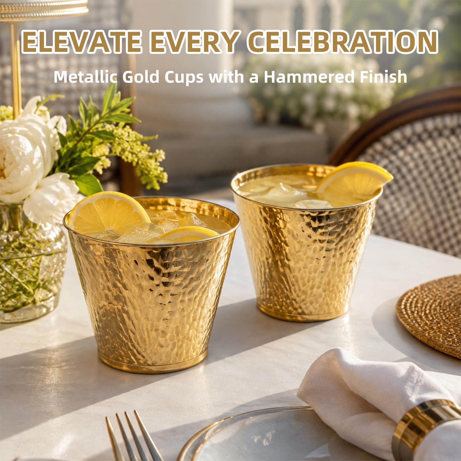 96-Pack Gold Hammered Plastic Party Cups 9oz, BPA-Free Leakproof Disposable Cups, Premium Elegant Drinkware for Weddings Birthdays Holidays Gatherings — Amazon image 2
