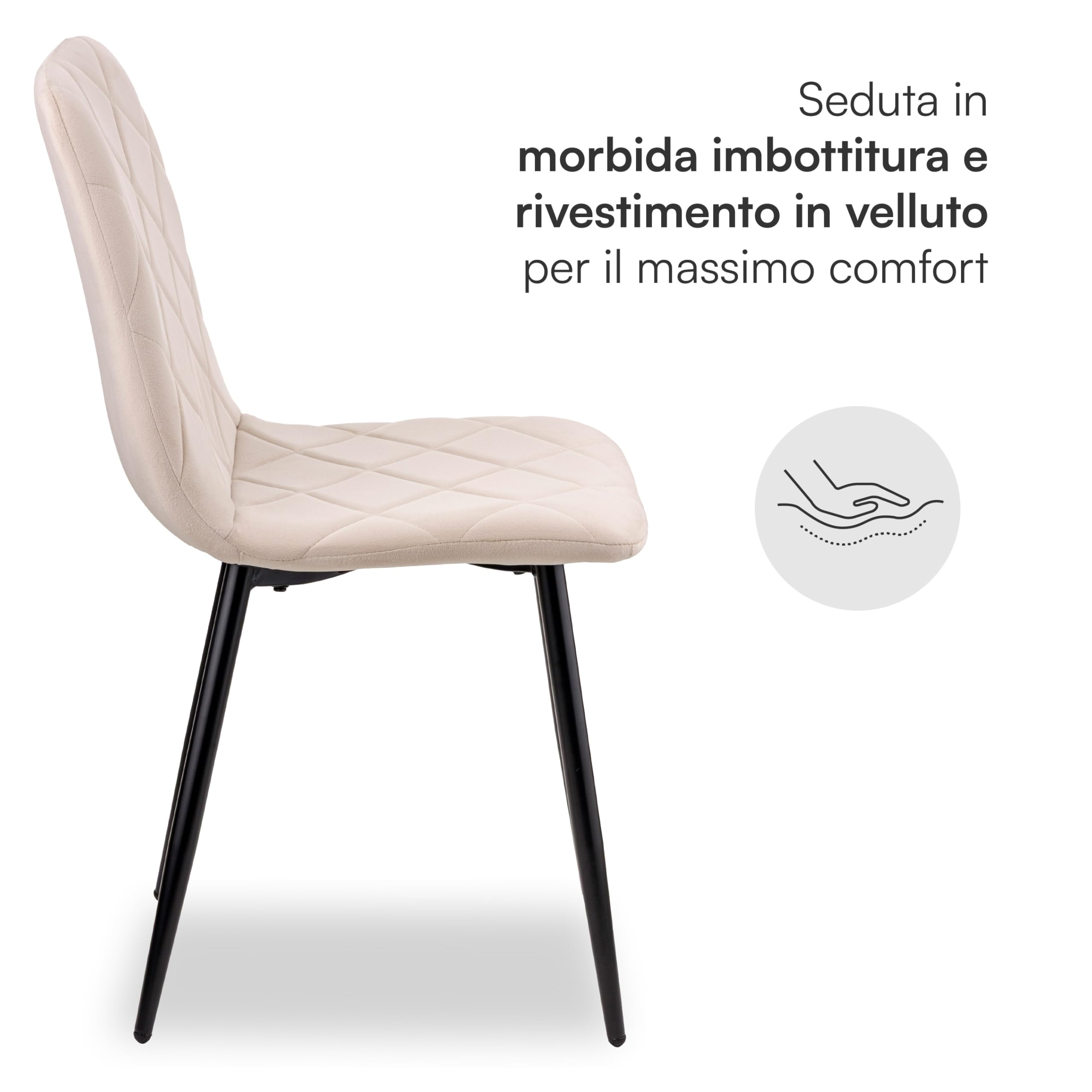 Baroni Home Set di 4 Sedie Moderne con Rivestimento in Velluto e Gambe in Ferro Nero, Poltrona da Soggiorno, Camera da Letto, Sala da Pranzo, Beige, 52x44x85 cm