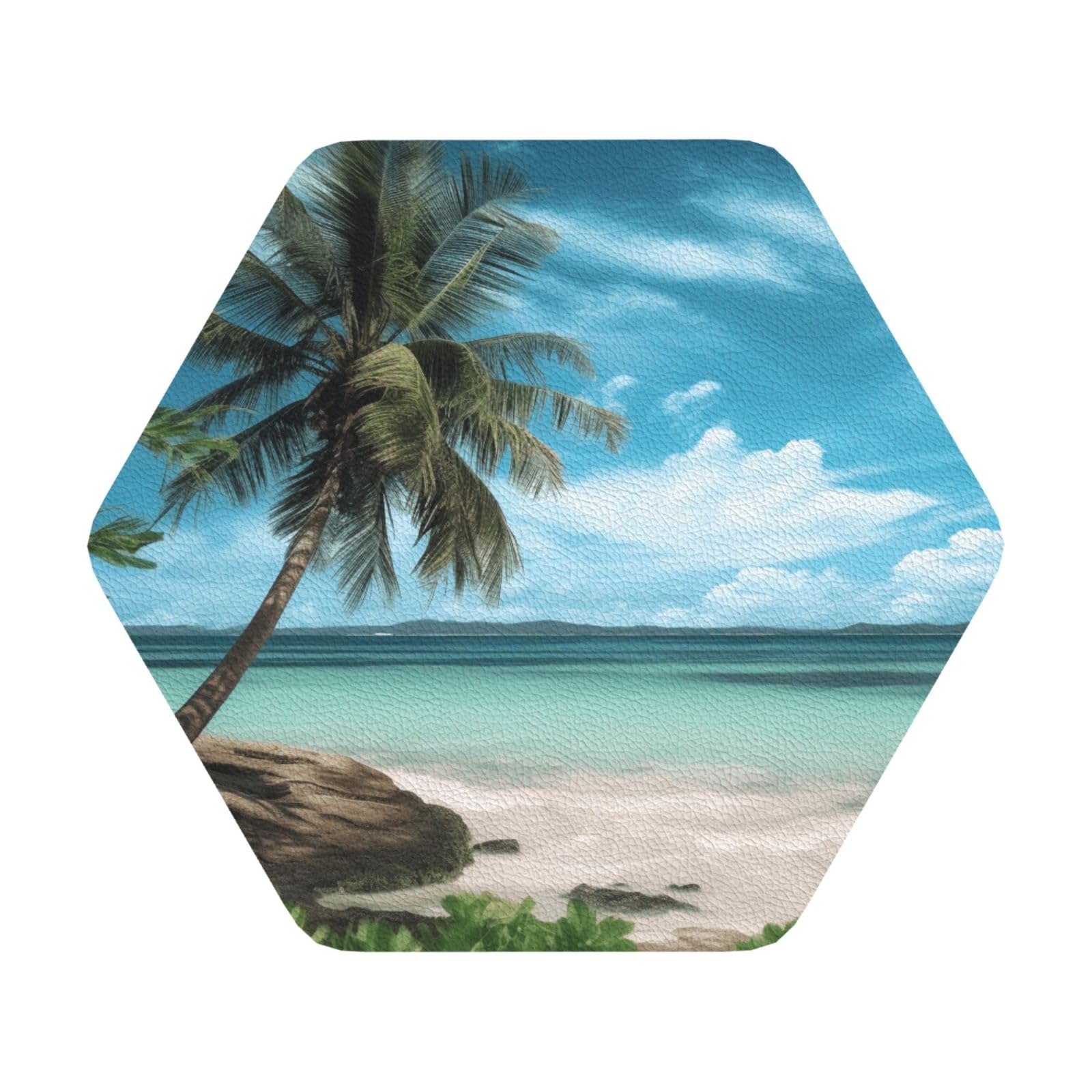 beach palm tree Print Leather Coaster Set of 6, Hexagon Coasters Table Decorative Coffee Cup Beverage Coasters Wine Beer Bar Coasters for Hot Drinks Table Protection
