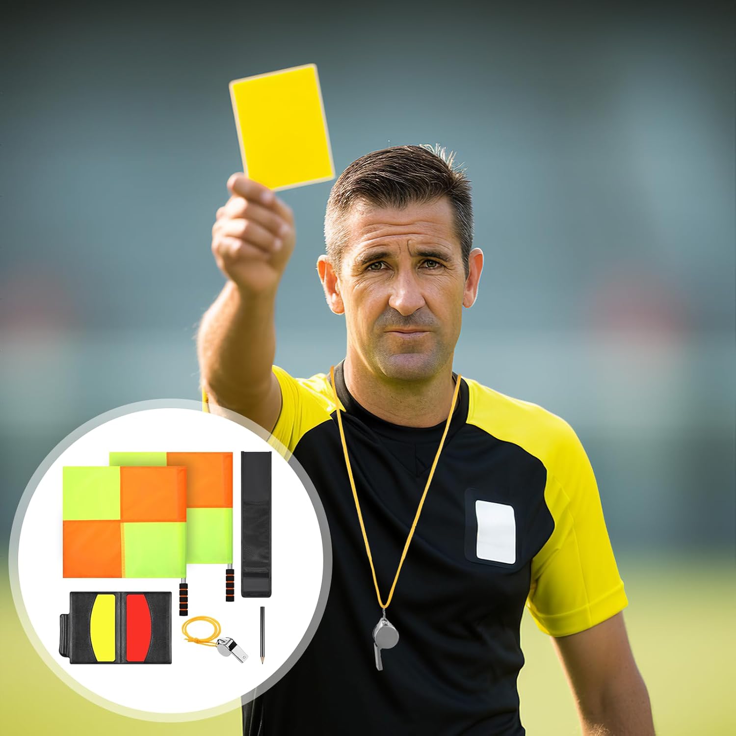 simarro Soccer Referee Flag (2 Pcs), Metal Pole Foam Handle Water Proof Checkered Linesman Flags Set with Storage Bag Red Yellow Cards, Referee Notebook with Pencil, Coach Whistle with Lanyard