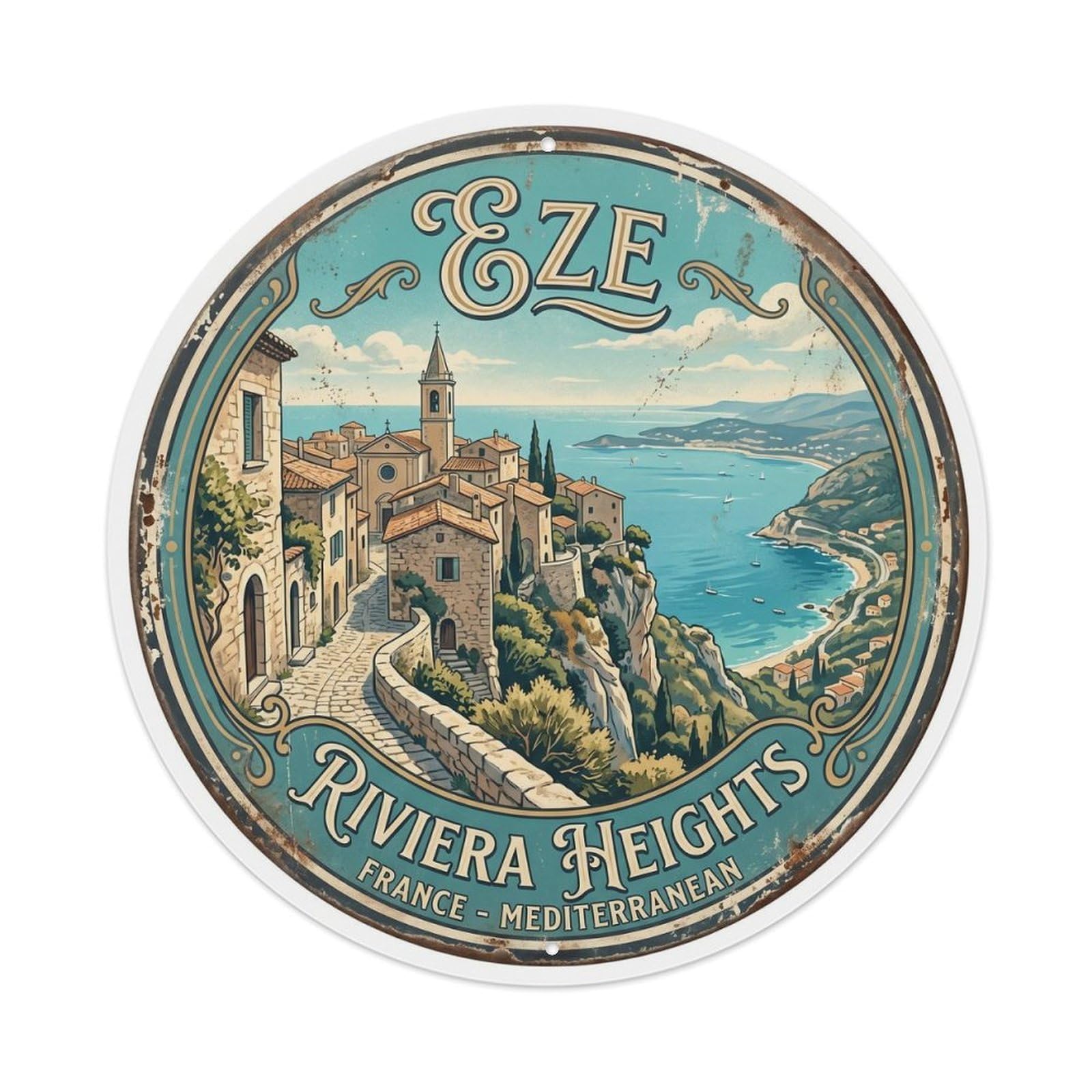 Vintage Travel Eze Hilltop Riviera Metal Tin Sign Plaque Wall Decor for Cafe, Club, Garden Round Metal Poster 8x8Inch