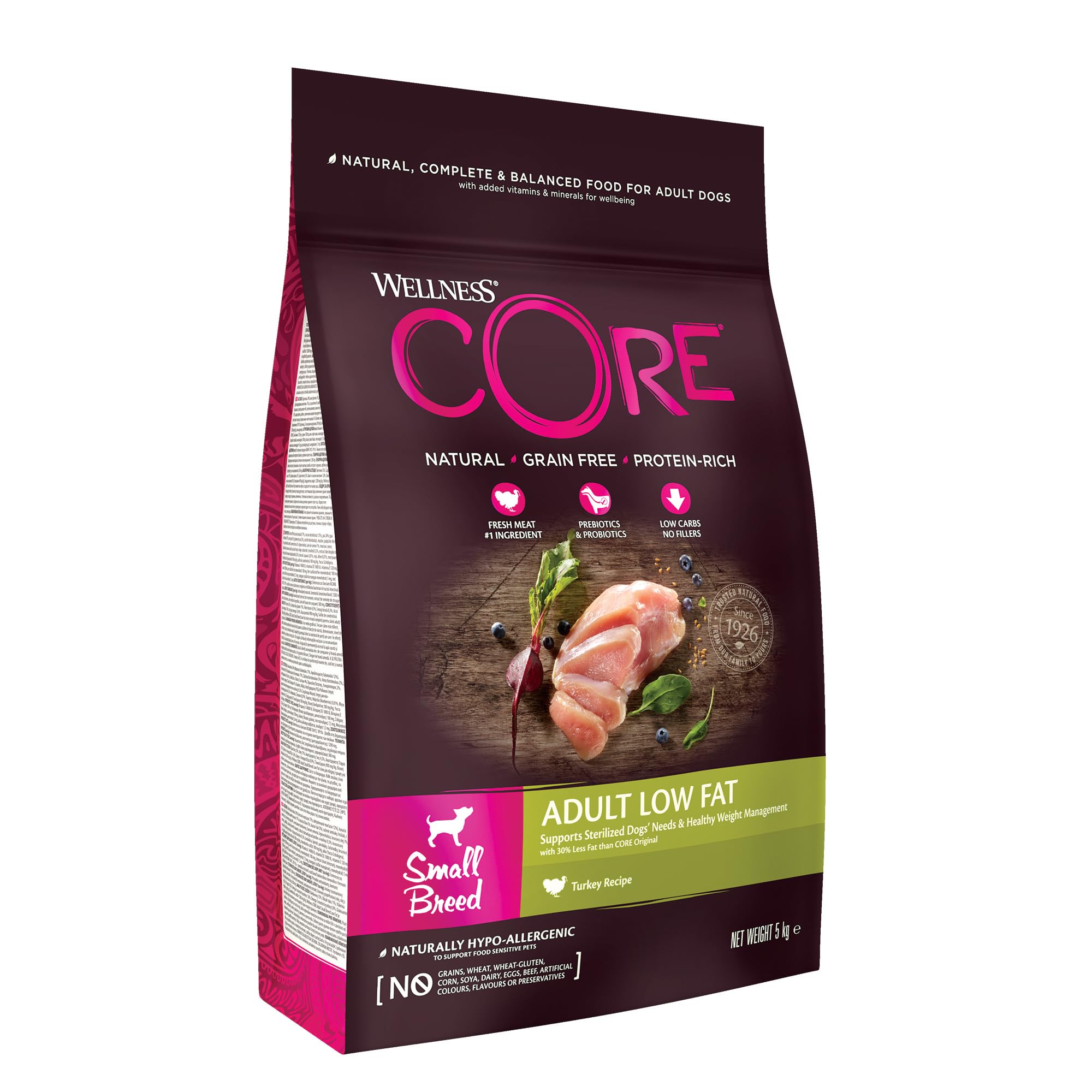 Wellness CORE Small Breed Low Fat, 5kg, Turkey, Dry Dog Food for Small Breeds, Grain-Free, High Meat Content, Protein-Rich, Low in Fat, Supports Healthy Weight Management