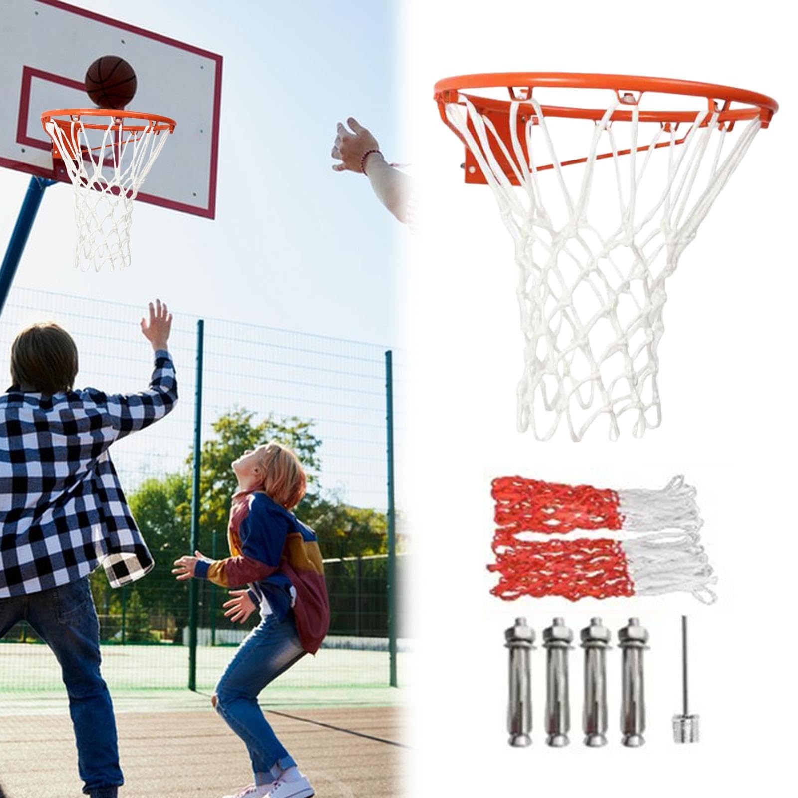 Canasta de baloncesto de 35 cm de diámetro, 45 cm de diámetro, anillo de baloncesto con 2 red y 4 tornillos de fijación, aro de baloncesto, aro de baloncesto, red para interior y exterior
