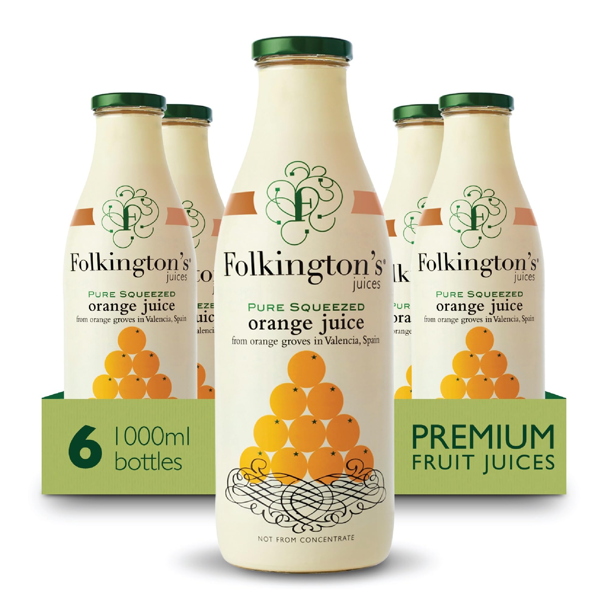 Folkington's Orange Juice, 6 Glass Bottles, Pure Squeezed, Bulk Pack 6 x 1 Litre