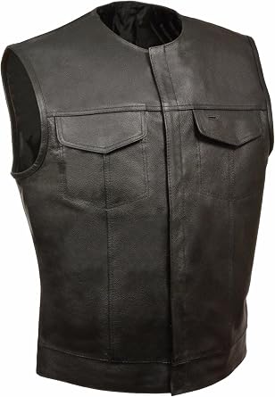 Mens Leather Vest With 2 Gun 2 Chest Pockets Single Back Panel Motorcycle Rider Jacket