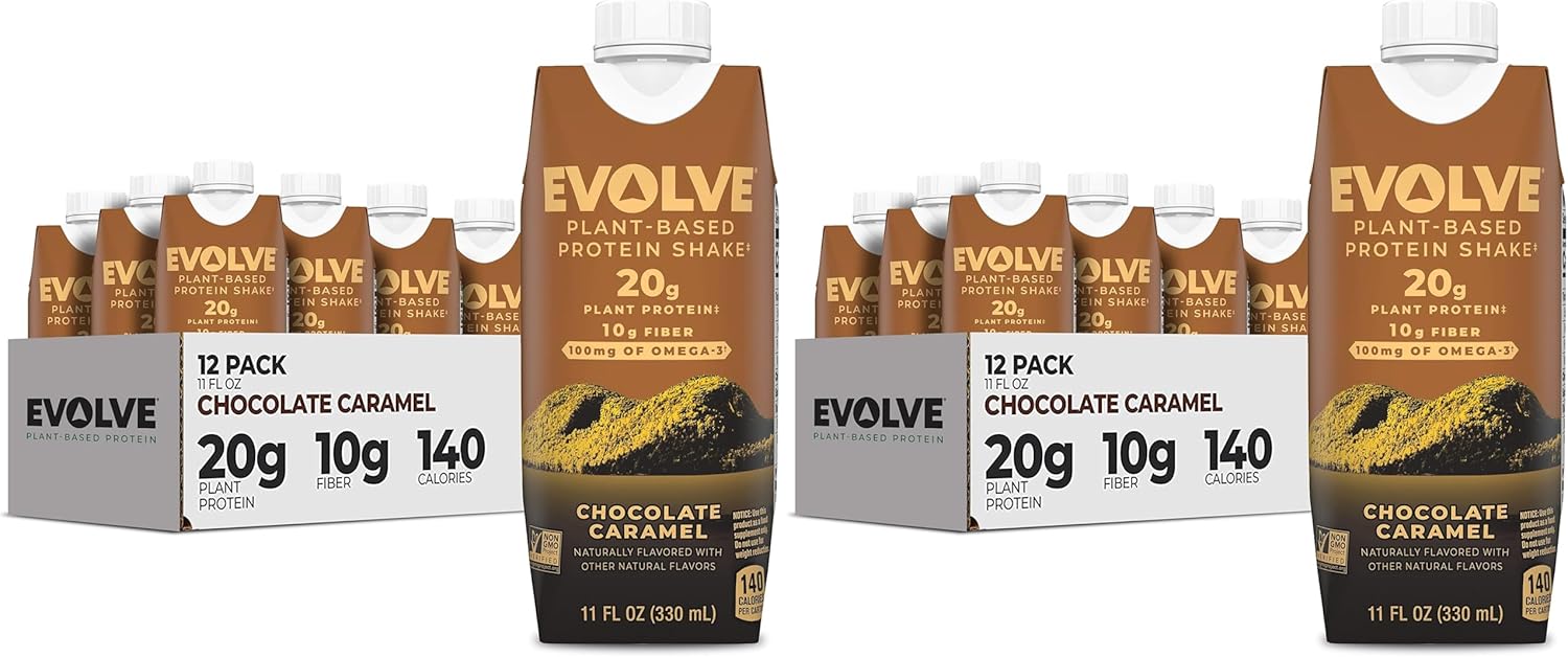 Evolve Plant Based Protein Shake, Chocolate Caramel, 20g Vegan Protein, Dairy Free, No Artificial Sweeteners, Non-GMO, 10g Fiber, 11oz, (12 Pack)