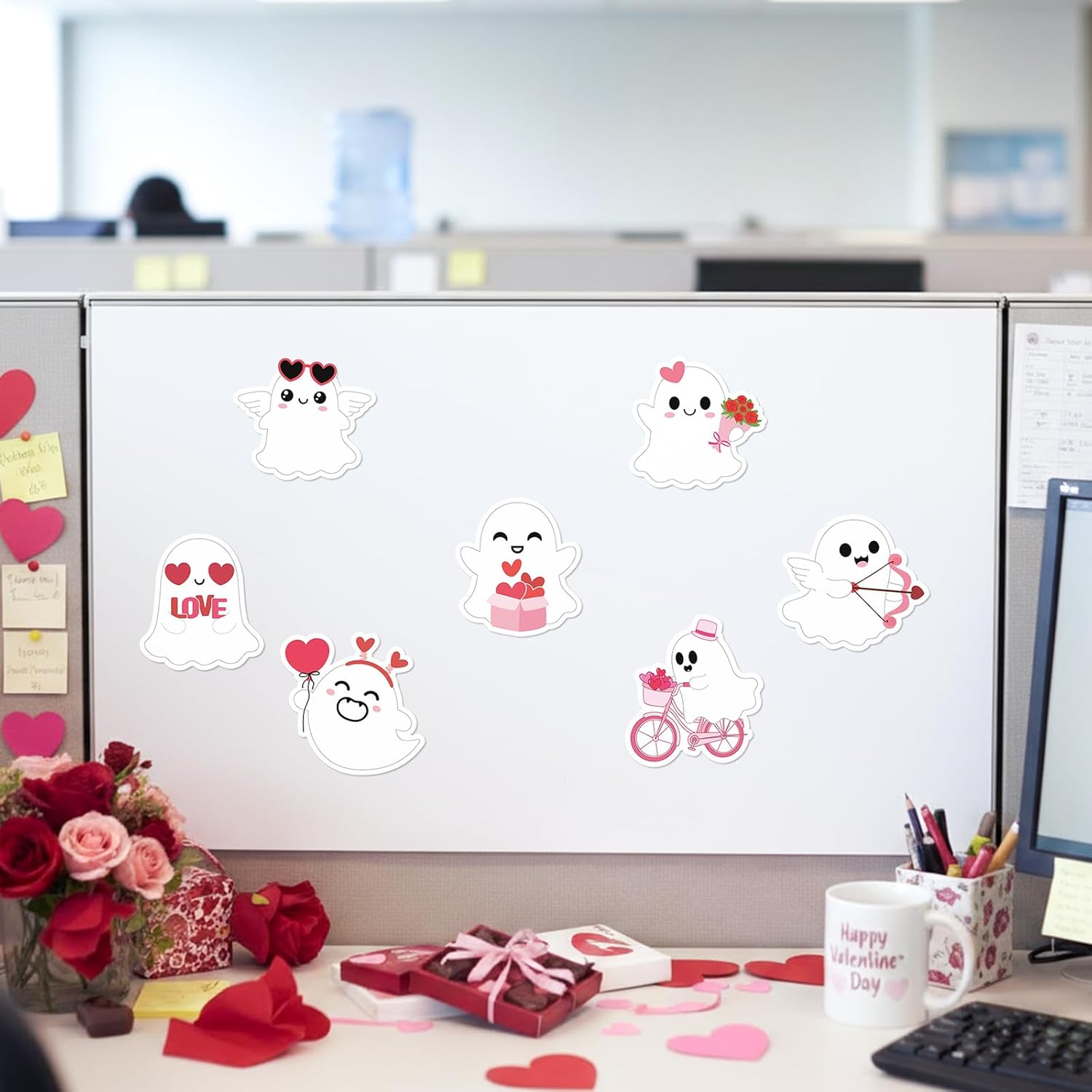 Yinder 24 Pads Valentines Ghost Sticky Notes Boo Cartoon Fun Sticky Notes Pads Bulk Valentines Red Pink Flowers Hearts Self Adhesive Gift for Kids Classroom School Office Party Supplies - Image 7