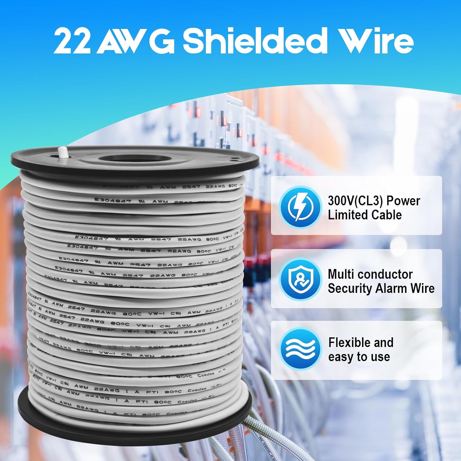 22/2 Shielded Wire 100FT CL3P Jacket Pure Copper Wire, Spool 22 Gauge 2 Conductor Stranded Plenum Cable for Security Alarm Access Control Sound