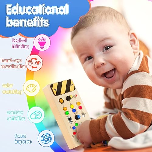 Miniatura 4 de POLKRANE Tablero de actividades con luz LED, juguetes Montessori con interruptor de palanca, juguetes de viaje y juguete de madera para actividades