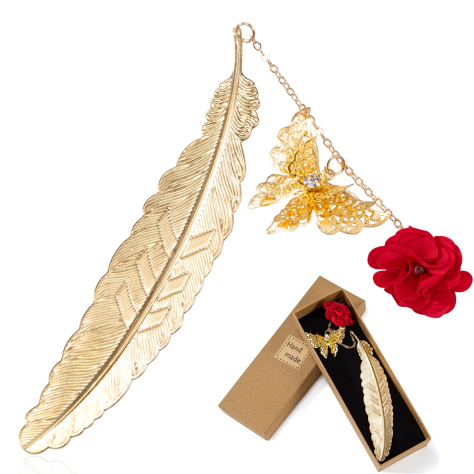 Marcadores de Libros Metal Punto de Libro con Mariposa y Colgante de Rosas Marcapáginas de Plumas Regalo Creativo para Maestros,Lectores, Estudiantes,Amigos